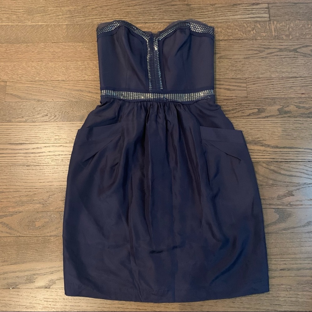Rebecca Taylor Navy Strapless Beaded Waist Dress